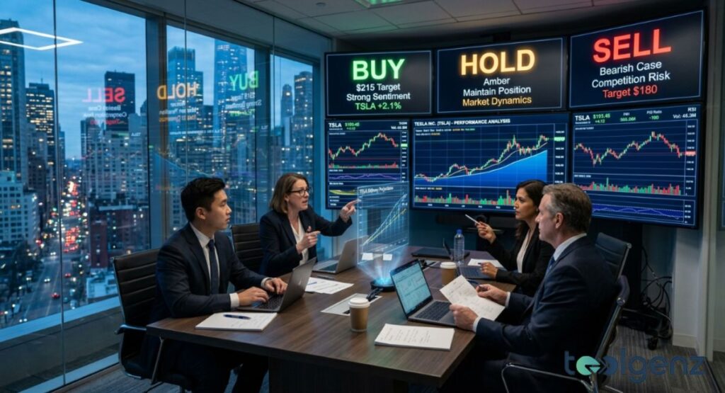 Analysts debate TSLA ratings in a glass-walled office with BUY, HOLD, and SELL screens at $215 and $180 targets.
