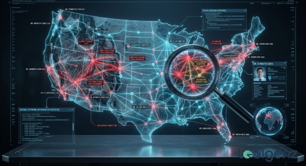 Holographic US map shows red connection lines between multiple scientists with “Non Sanctioned Data Exchange” alerts.