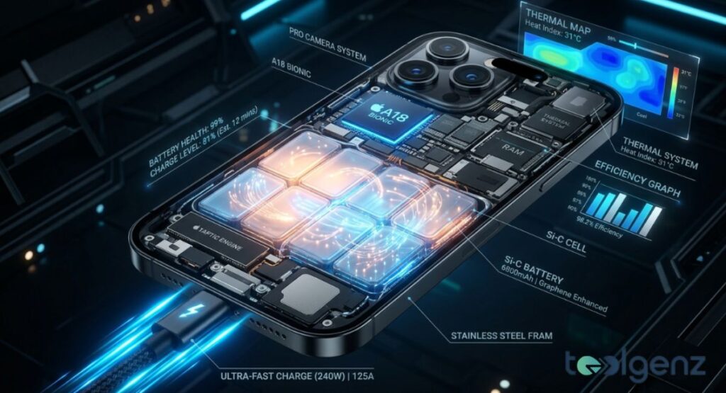 Exploded smartphone view showing glowing silicon-carbon battery cells, A18 Bionic chip, and USB-C charging.