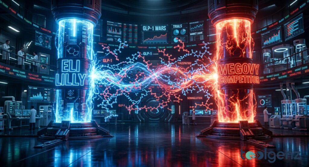Futuristic lab shows Eli Lilly’s Weight Loss drug pipeline in blue facing off against Wegovy competitor in red. Tirzepatide and semaglutide molecular chains clash under “GLP-1 WARS” dashboards tracking trials and market share.