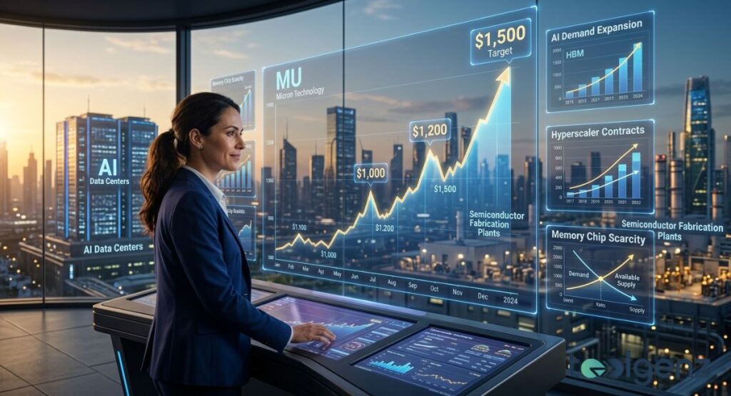 Executive studies holographic Micron Technology stock chart projecting $1,500 target amid AI data center skyline.