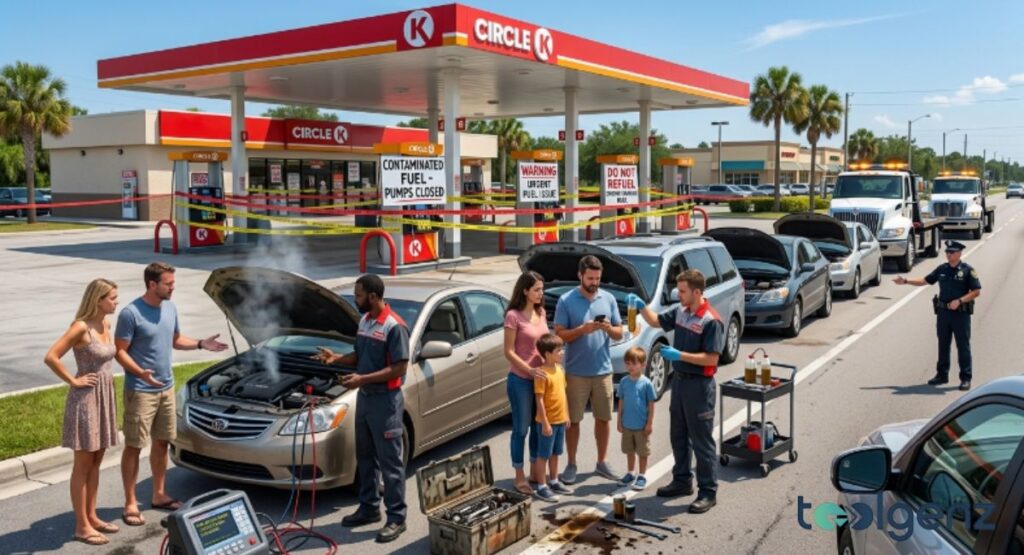 Families and mechanics inspect smoking engines at Circle K with “Contaminated Fuel – Pumps Closed” signs.