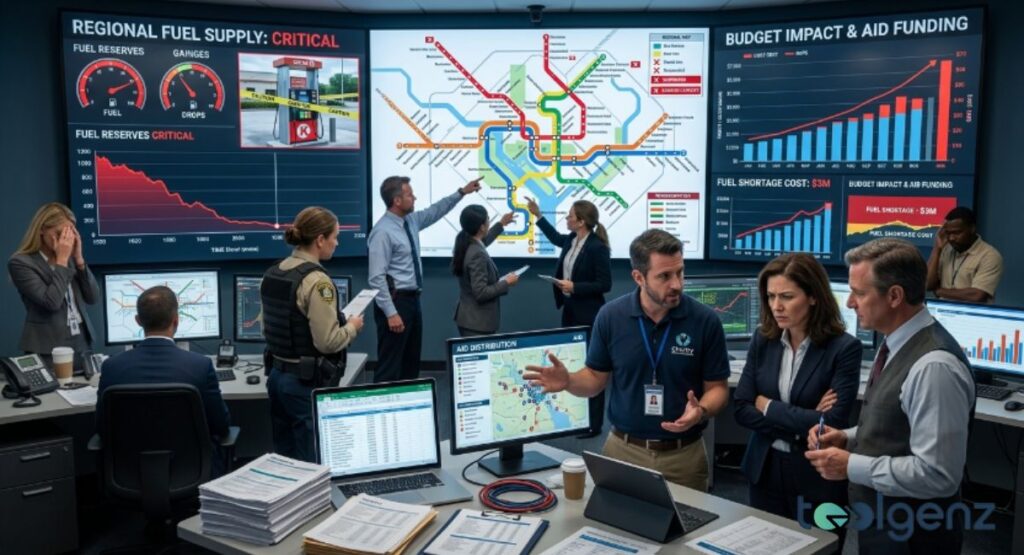 Officials in a command center analyze “Regional Fuel Supply: Critical” dashboards and transit maps. Screens show fuel reserve drops, aid distribution plans, and budget impacts as teams coordinate response.