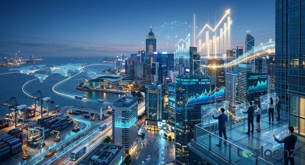 Executives on a Hong Kong rooftop analyze holographic data showing 5G connecting global ports to city finance hubs.