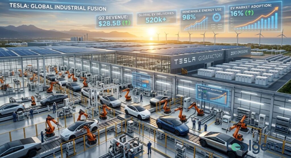 Tesla Gigafactory at sunrise with robotic assembly lines, solar roofs, wind turbines, and battery storage. Holographic panels show Q2 revenue $28.5B, 520k+ global deliveries, and 98% renewable energy use.