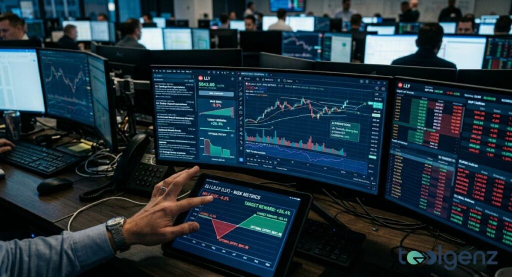Trader’s desk displays LLY at $843.80 with AI interventions, risk metrics, and target reward +26.4% on multiple screens.