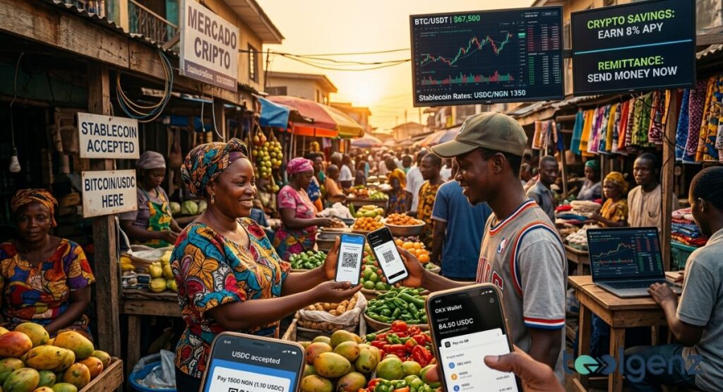 Vendors and customers exchange stablecoins via QR code at a bustling Nigerian open-air market at sunset. Digital screens display BTC/USDT charts, 8% APY savings, and remittance options above produce stalls.