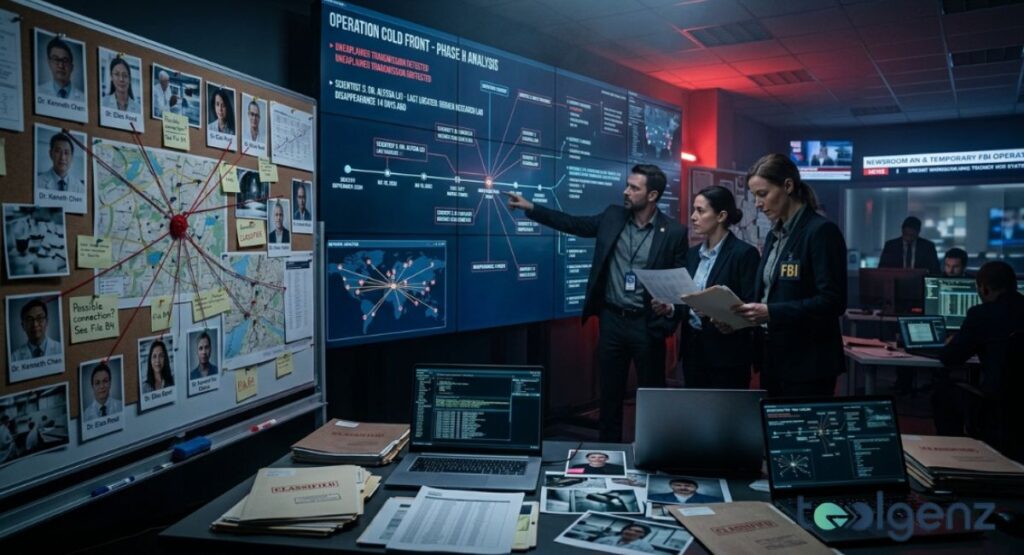 FBI agents review “Operation Cold Front – Phase II Analysis” on a wall-sized screen with timeline and map. Corkboard with scientist photos, red string, and “Classified” files surround laptops showing code and case data.