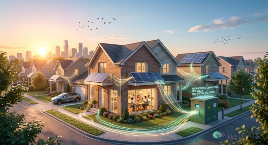 Suburban neighborhood at sunset with rooftop solar panels connected to a smart grid hub. Glowing energy lines show clean power flowing between homes and the community grid.