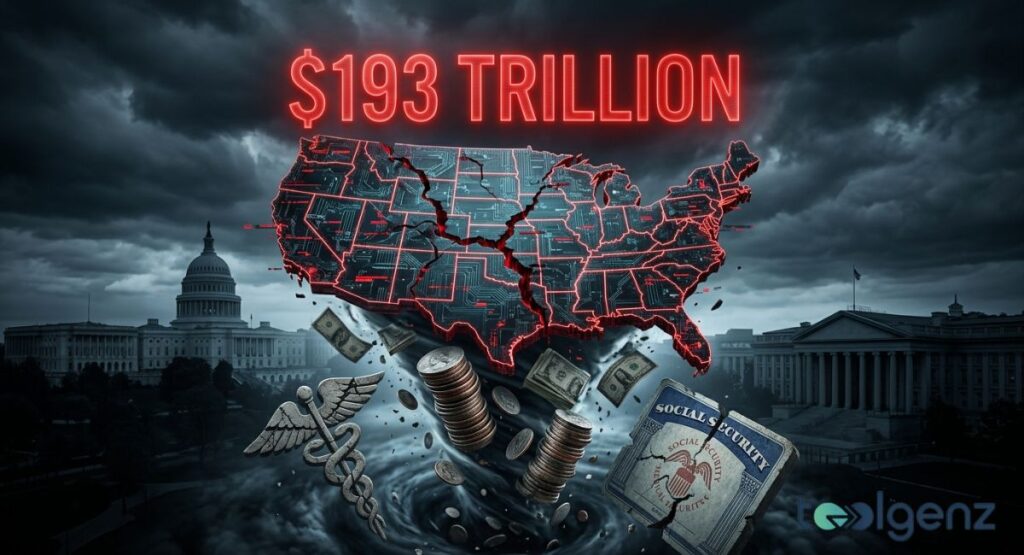 Cracked US map with circuit-board overlay sits between Capitol buildings as $193 TRILLION flashes above a fiscal storm.