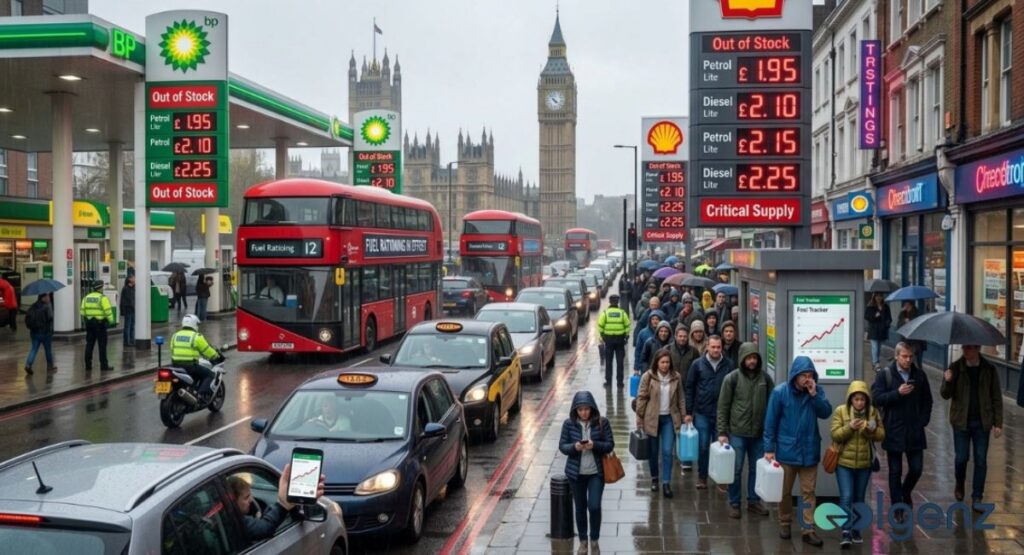 Rain-soaked London street shows BP and Shell stations with “Out of Stock” signs and £2.25 prices. Pedestrians carry fuel cans past red buses marked “Fuel Rationing in Effect” near Big Ben.