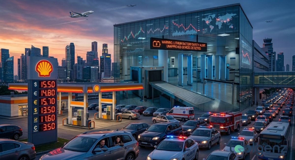 Split-screen shows Shell station at $15.50 with Global Fuel Crisis 2026 data maps and gridlocked traffic. Ambulances, police, and airport security alerts highlight emergency service strain during price surges.