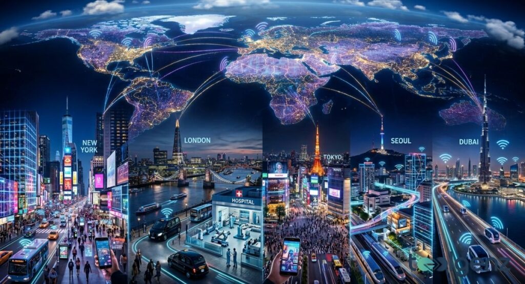 World map pulses with 5G signal arcs connecting New York, London, Tokyo, Seoul, and Dubai skylines. Street-level scenes show remote surgery, autonomous transit, and mobile streaming powered by next-gen networks.