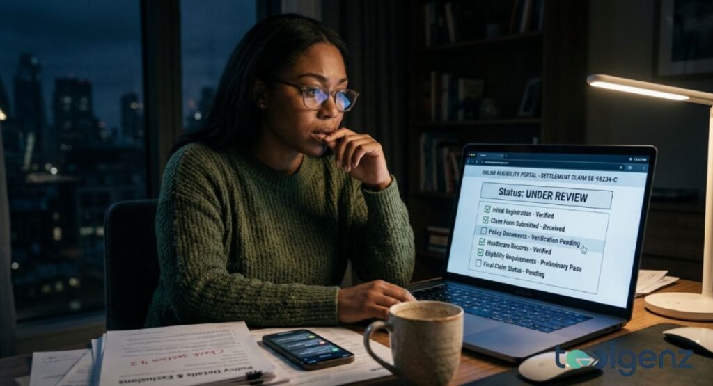 Woman in glasses reviews an online eligibility portal showing claim status at her desk. Papers and a phone with settlement-related notifications are visible nearby.