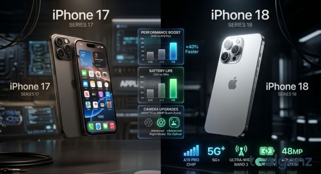 Side-by-side comparison of dark Series 17 and silver Series 18 smartphones in a high-tech lab. Performance, battery, and camera charts show 40% faster speeds, 35h battery, and 10x optical zoom.