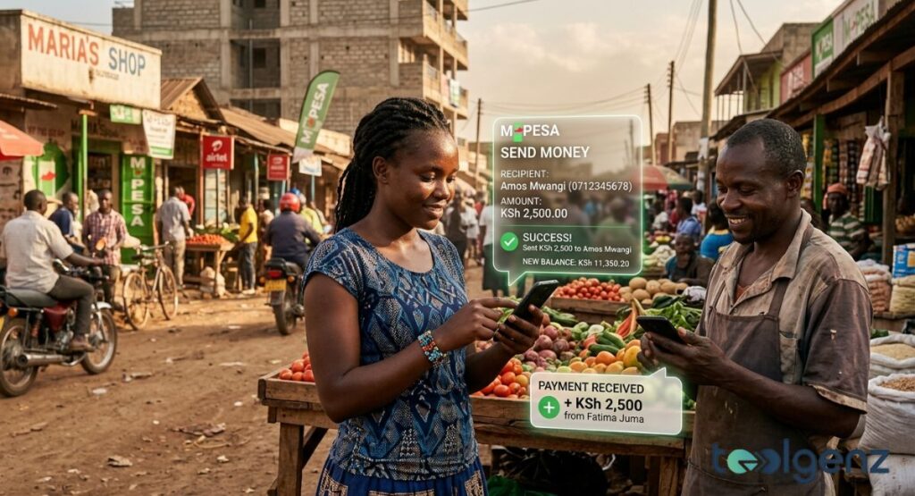 Woman in Kenya sends KSh 2,500 via mobile money to a vendor at an outdoor vegetable market. Holographic M-PESA interface confirms payment received as motorbikes and shops fill the street.