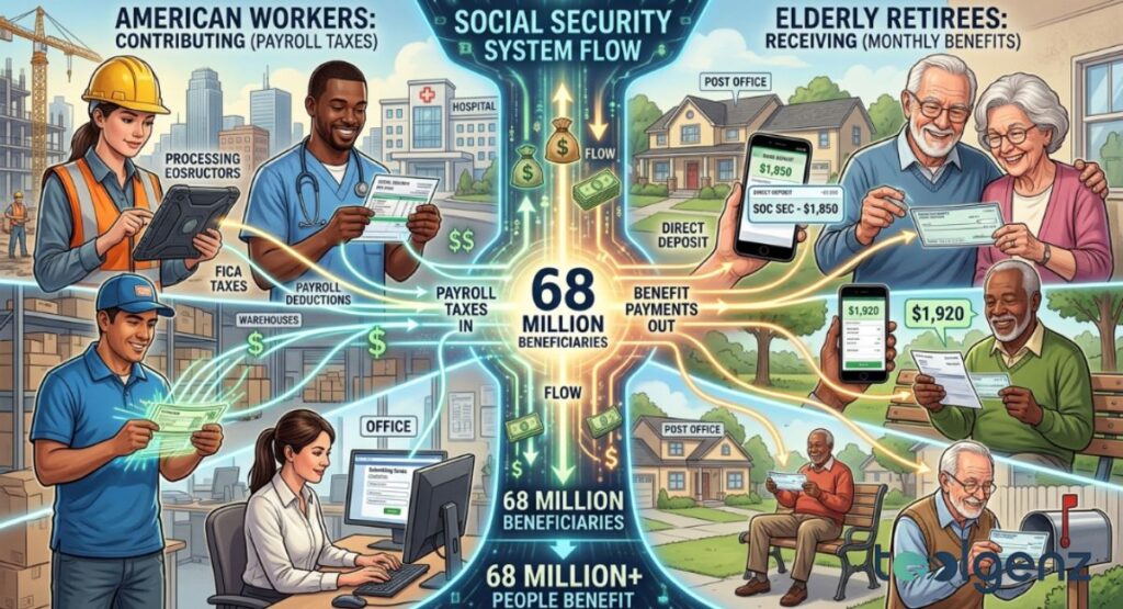 Infographic shows payroll taxes flowing from American workers in construction, healthcare, and offices to 68 million beneficiaries.