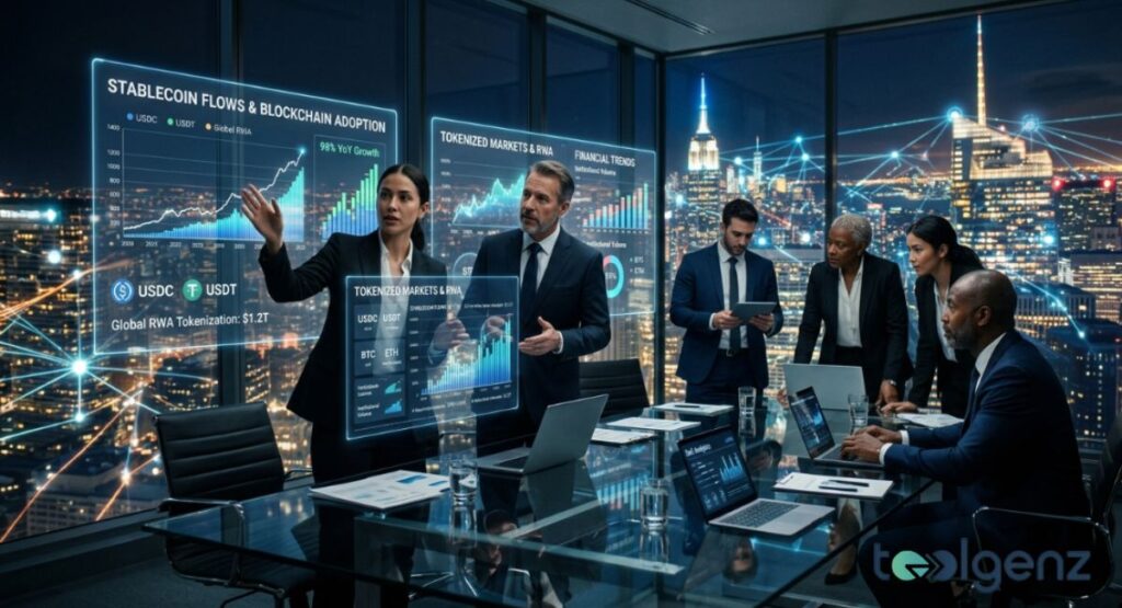 Executives analyze holographic charts of stablecoin flows and tokenized RWA growth in a Manhattan boardroom.