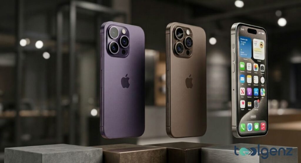 Three premium smartphones in purple, bronze, and silver float above concrete blocks in a studio. Redesigned camera arrays and titanium finishes showcase new colors and refined chassis materials.
