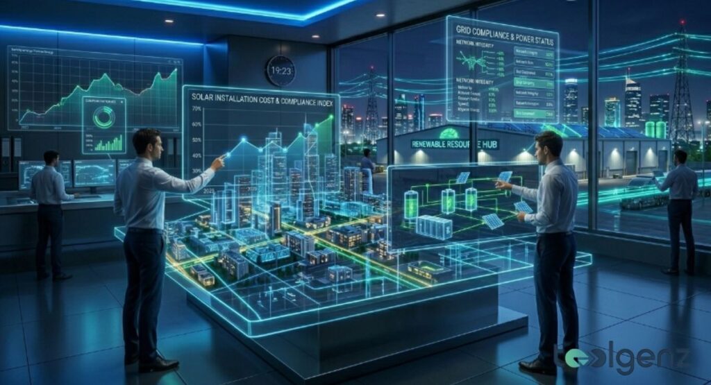 Engineers analyze a 3D holographic city model showing solar installation data and grid compliance metrics. Multiple screens display cost indexes and network integrity status for renewable integration.