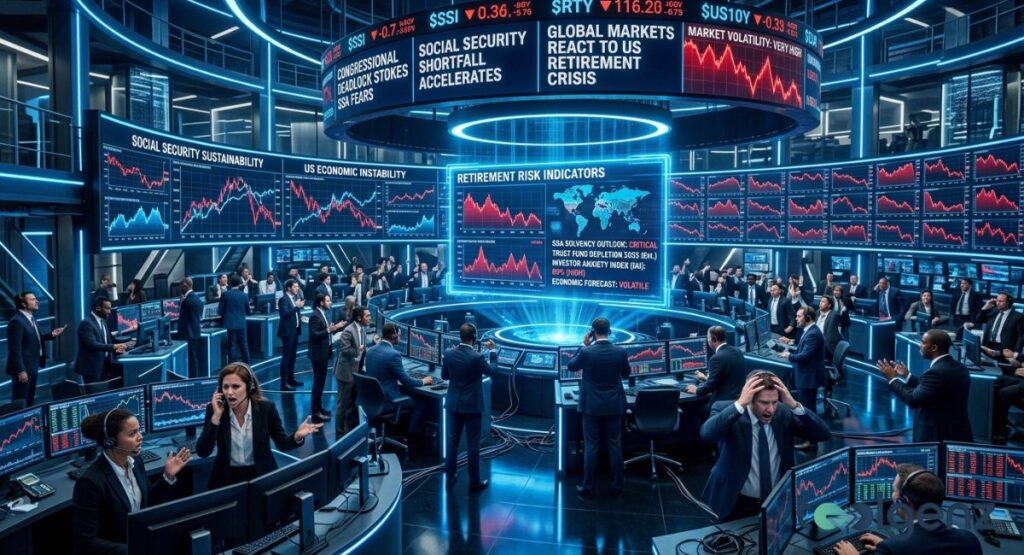 Futuristic trading floor flashes red as screens show “SOCIAL SECURITY SHORTFALL ACCELERATES” and “MARKET VOLATILITY: VERY HIGH.”