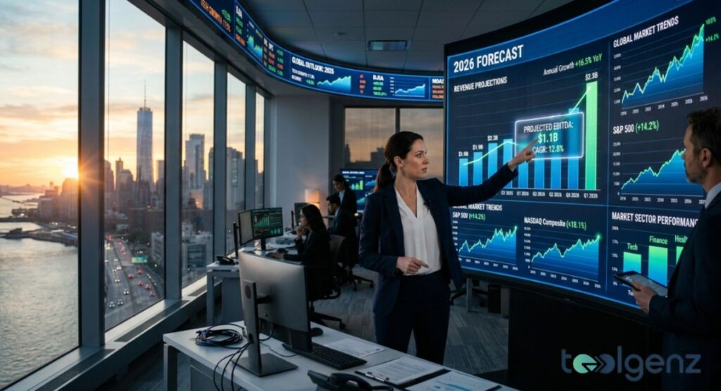 Analyst presents “2026 FORECAST” to a team with projected EBITDA $1.1B and CAGR 12.8% on trading floor screens.
