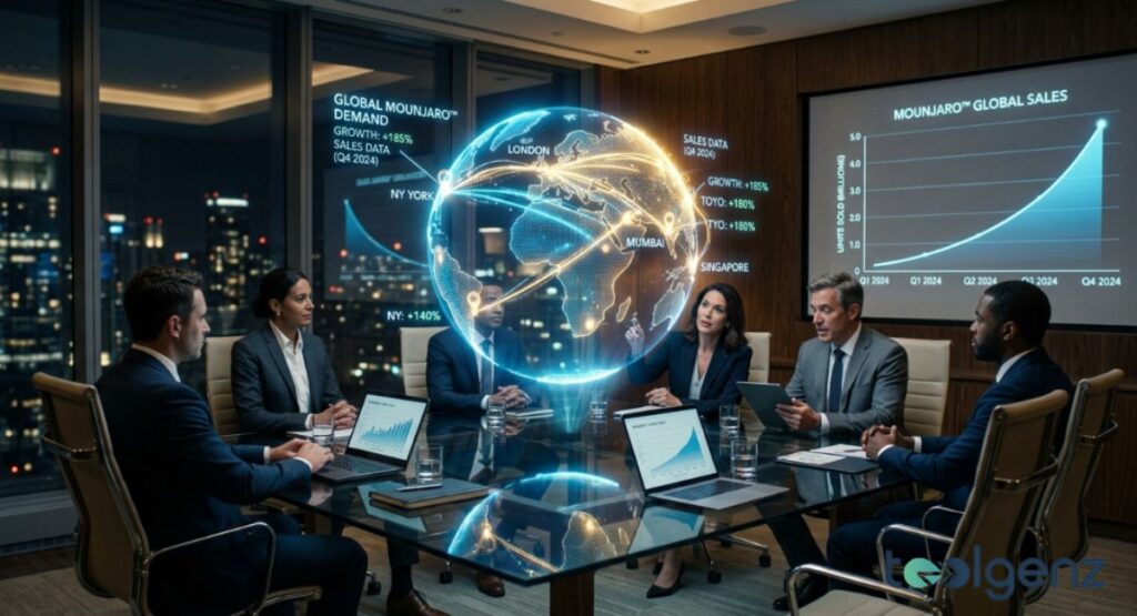 Executives in a boardroom analyze a holographic globe linking New York, London, Mumbai, and Singapore sales spikes.