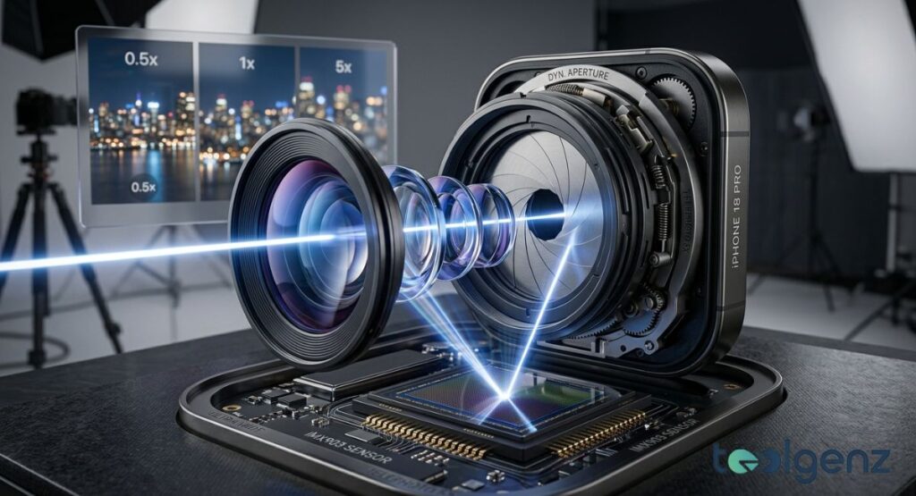 Exploded Pro camera module reveals IMX903 sensor, variable aperture blades, and 5x periscope lens. Studio monitors display 0.5x, 1x, and 5x night city samples captured by the new optical system.