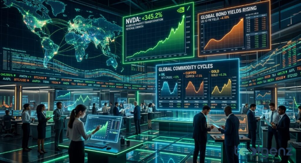 Futuristic trading hub displays NVDA up 345.2% on AI revenue growth, US 10-year yield at 4.18%, and commodity charts.