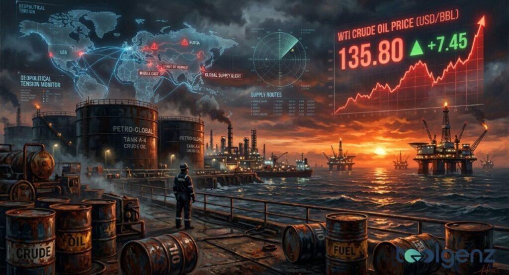 Offshore oil rigs and storage tanks burn at sunset as WTI crude hits $135.80, up $7.45, on supply alerts. Geopolitical tension maps flash red over Russia, the Middle East, and the Strait of Hormuz.