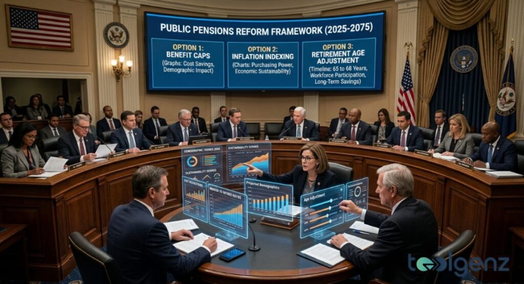 Congressional hearing displays “PUBLIC PENSIONS REFORM FRAMEWORK (2025-2075)” with options for benefit caps and age adjustment.