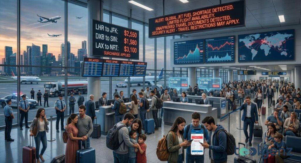 Crowded airport terminal displays “Global Jet Fuel Shortage” alert and $3,100 surcharges for LHR to JFK. Families check sold-out apps while police and fuel trucks stand by delayed aircraft at the gate.