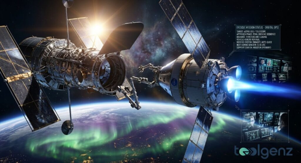 Service spacecraft docks with damaged Astro-015-2 telescope above Earth’s aurora during orbital rescue ops.