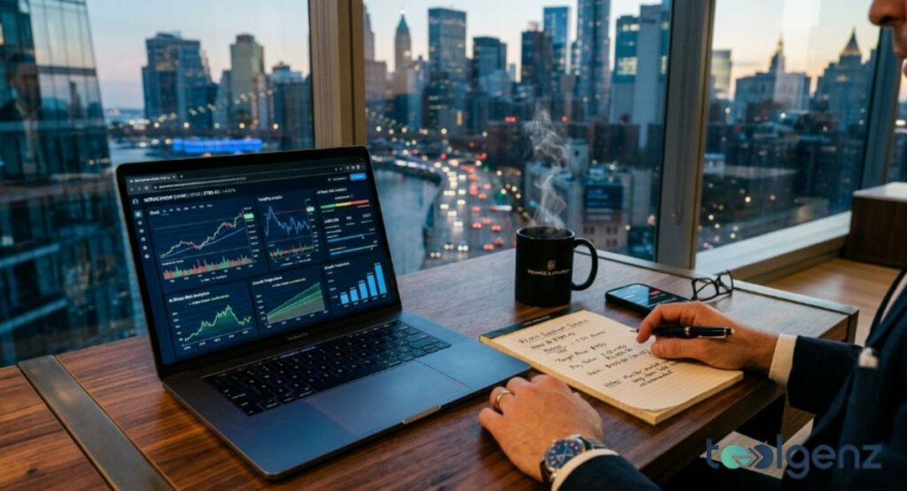 Investor reviews ServiceNow stock charts on a laptop with $785.82 price and AI-driven analytics in a high-rise office.