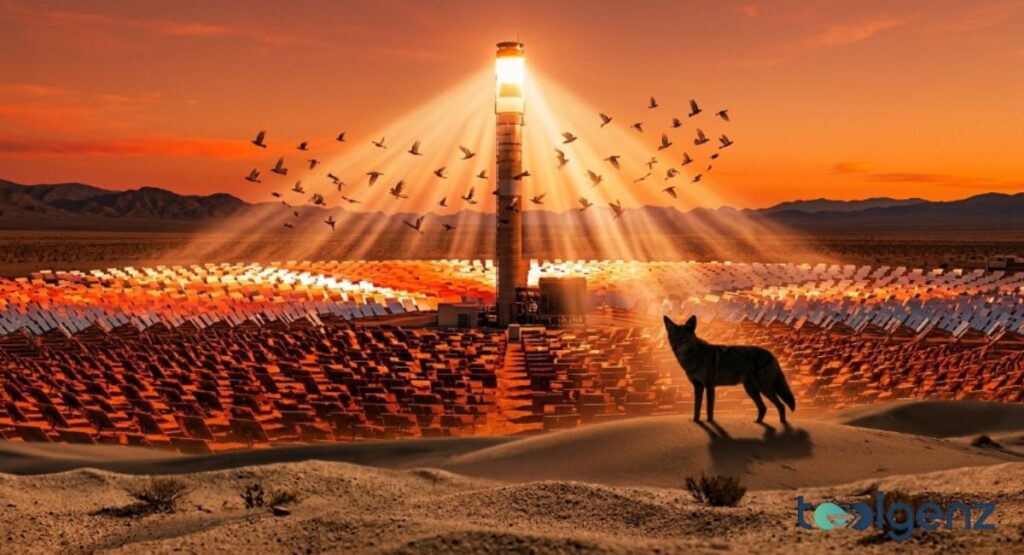 Concentrated solar power tower beams light across a desert while birds fly near the intense glare. A coyote stands on a dune as thousands of mirrors reflect sunlight toward the central receiver.