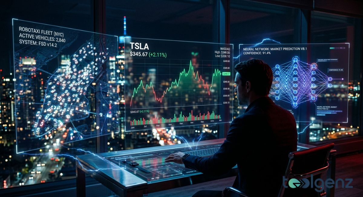 Analyst studies The Tesla stock analysis 2026 with holographic TSLA chart, Robotaxi fleet data, and neural network predictions.