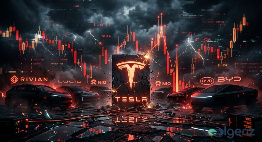 Stormy scene with cracking Tesla logo surrounded by Rivian, Lucid, NIO, and BYD vehicles under red charts. Lightning and falling candlesticks illustrate market volatility and rising competitive pressure.