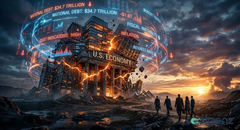Crumbling “U.S. ECONOMY” building fractures as holographic rings show $34.7 trillion national debt and inflation warnings.