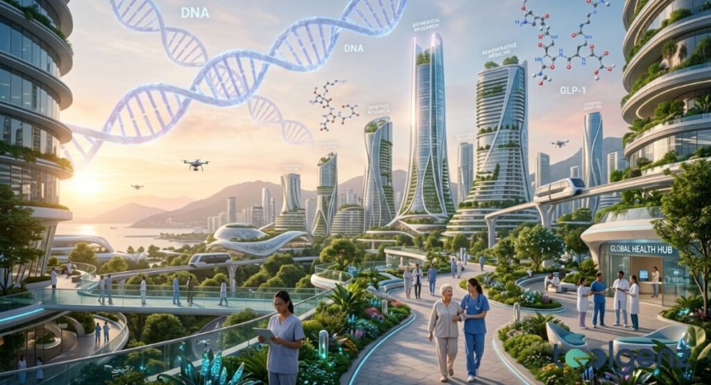 Futuristic medical city at sunrise with DNA helixes, GLP-1 molecules, and “GLOBAL HEALTH HUB” towers connected by monorails.