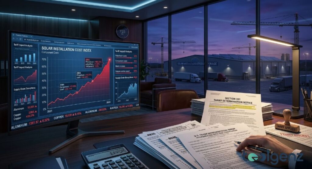 Desktop with tariff determination notice, solar cost index charts, and a calculator showing error. Documents stamped "Tariff Applied" sit beside rising component cost graphs on a monitor.