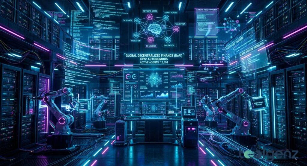 Futuristic data center runs Global DeFi Ops with 12,504 autonomous agents and smart contract ledgers. Robotic arms manage servers as holographic displays show real-time asset transfers and validation networks.