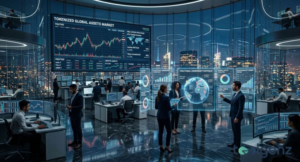 Traders monitor tokenized global assets market on curved screens inside a high-rise exchange floor. Holograms display fractional real estate, equities, and crypto assets for global investor portfolios.