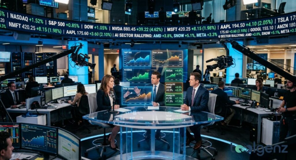 Financial news studio with anchors at a glass desk as tickers show NVDA up 4.62%, NASDAQ up 1.52%, AI sector rallying.