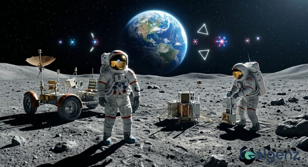 Apollo-era astronauts work on the Moon as geometric UFO shapes and star-like objects hover near Earth. Lunar rover, scientific instruments, and footprints mark the Taurus-Littrow site under a starfield.