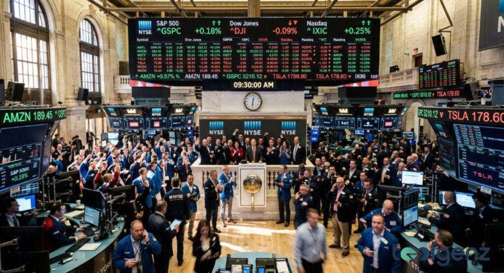 NYSE floor at 9:30 AM shows mixed open as S&P 500 gains 0.18%, Dow slips 0.09%, and Nasdaq rises 0.25%.