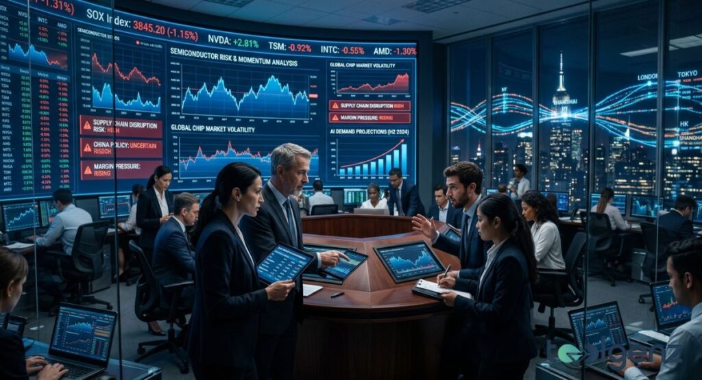 Analysts debate semiconductor risk and momentum in a high-rise office with red SOX index and volatility charts.
