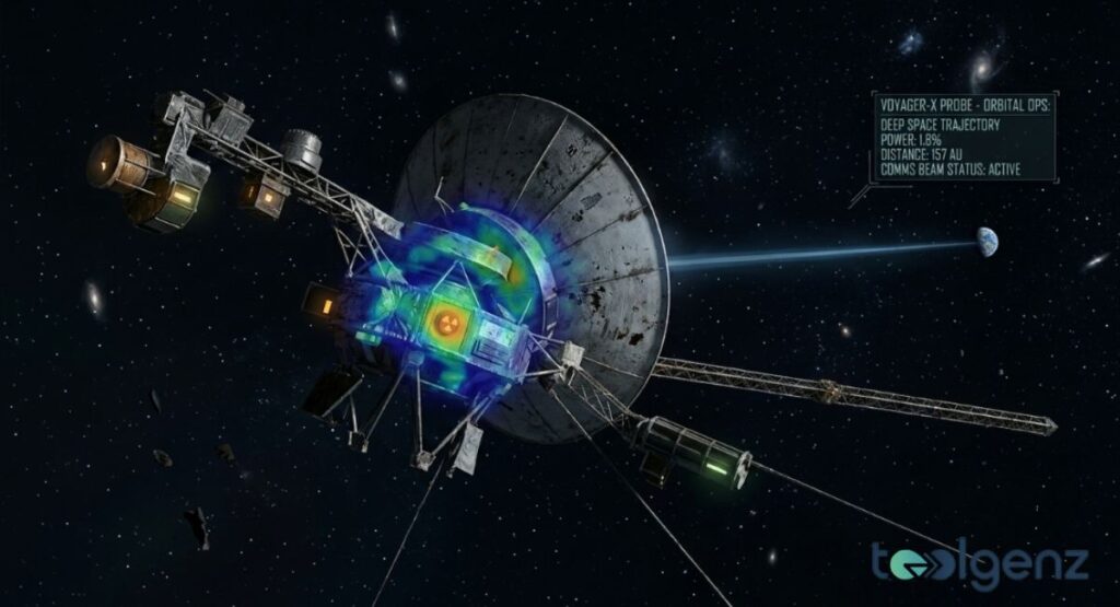 Voyager-X probe transmits a blue beam to distant Earth with 1.8% power and 157 AU distance displayed. Thermal imaging overlay shows active radioisotope generator core while other subsystems are offline.