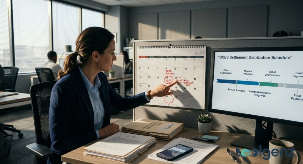 Professional points to a wall calendar with circled dates next to a screen showing a distribution timeline. Key phases include claim submission, review process, and final payment.