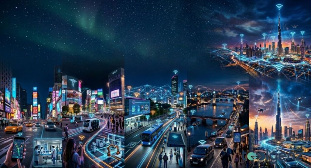 Six-panel collage of New York, Tokyo, London, and Dubai skylines with active 5G towers and connected devices.