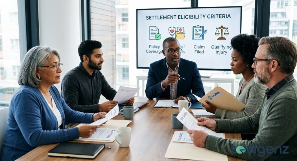 Diverse group in a conference room discusses settlement eligibility criteria on a presentation screen. Icons show policy coverage, medical records, and qualifying injury requirements.